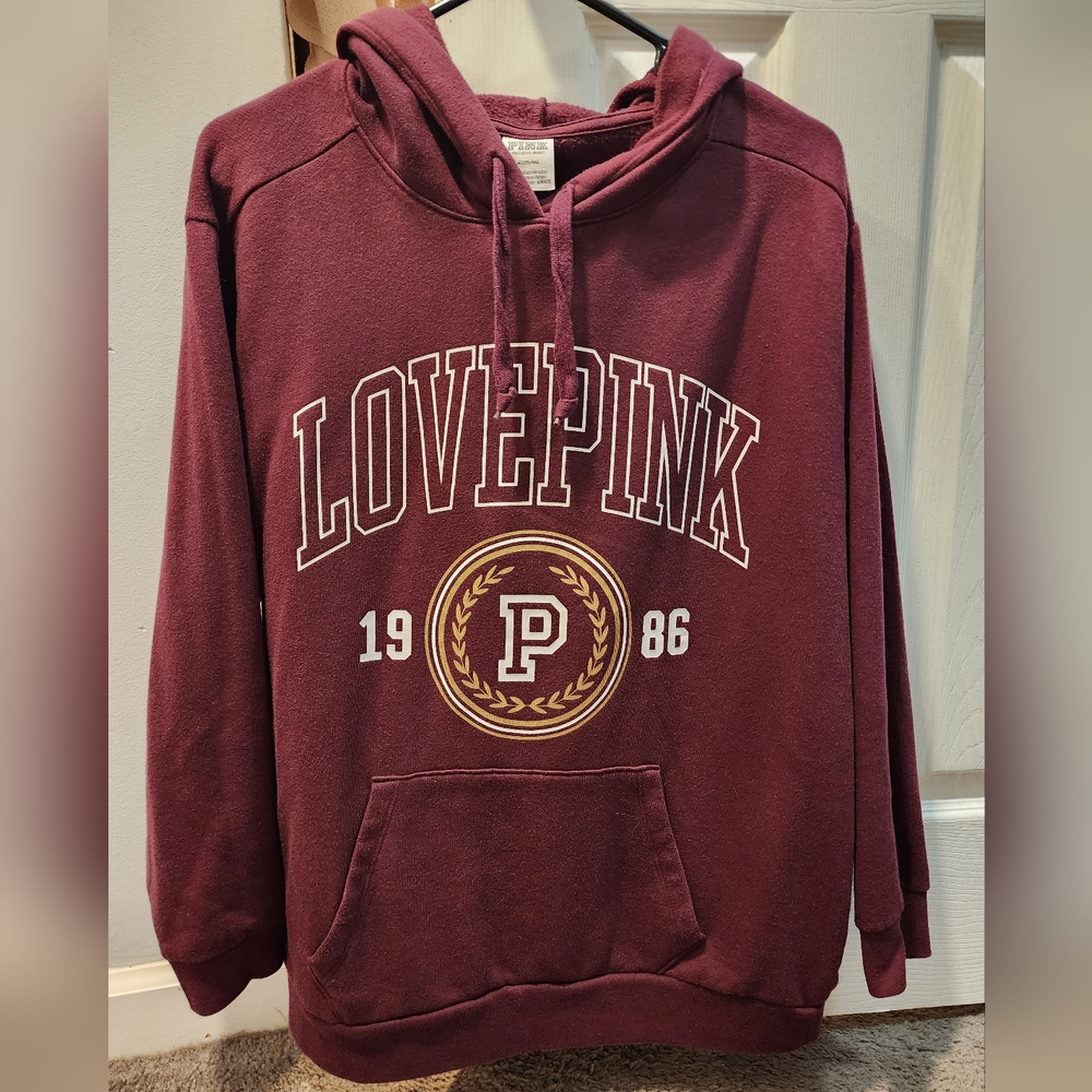 PINK Victoria's Secret Maroon Pullover Hoodie Medium with LOVE PINK Logo
